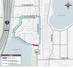 Map with detour route: Detour route information: To access North Ivanhoe Boulevard from North Orange Avenue: • Motorists should turn onto East New Hampshire Street, then turn left onto Gurtler Court and proceed south to North Ivanhoe Boulevard. To access North Orange Avenue from North Ivanhoe Boulevard: • Motorists should turn onto northbound Gurtler Court, then turn right onto East New Hampshire Street, and proceed east to North Orange Avenue.