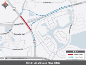 Northbound S.R. 535 will be closed between the eastbound West Osceola Parkway on ramp and North Poinciana Boulevard. Motorists who wish to continue on S.R. 535 will be detoured onto West Osceola Parkway, make a U-turn at Sunrise City Drive, travel west on West Osceola Parkway to the S.R. 535 off ramp onto North Poinciana Boulevard, and then proceed south on North Poinciana Boulevard to access northbound S.R. 535.